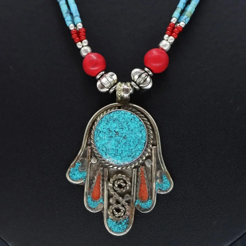 Tibetan silver Lapis, turquoise and coral Nepali necklace